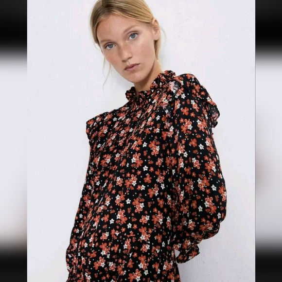 ZARA Ruffle Floral Cottage Dress midi maxi Black red NWT XXl - Picture 2 of 15